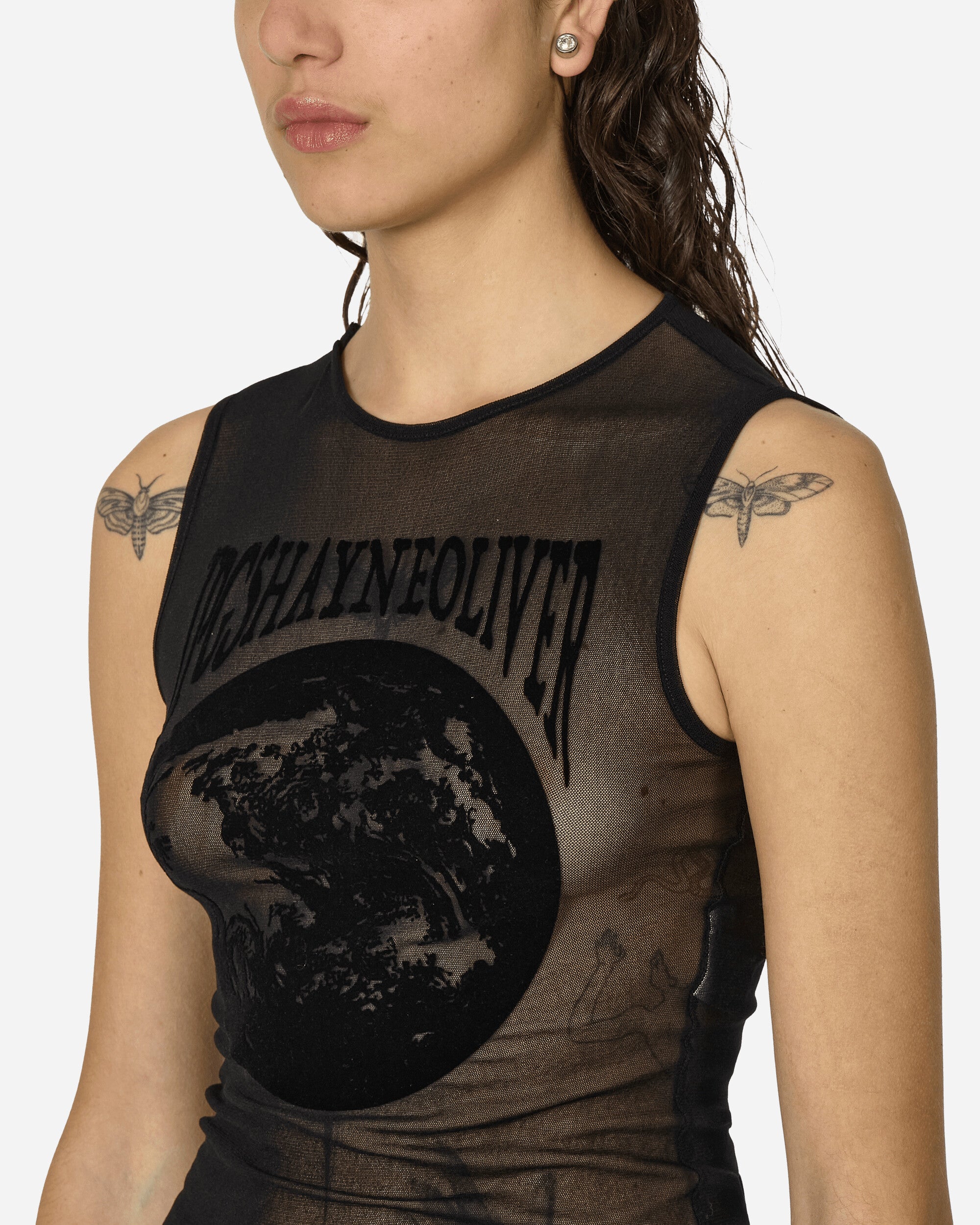 Jean Paul Gaultier Wmns Mesh Tank Top Flocked Earth Black T-Shirts Cropped DB033I-T001 0000